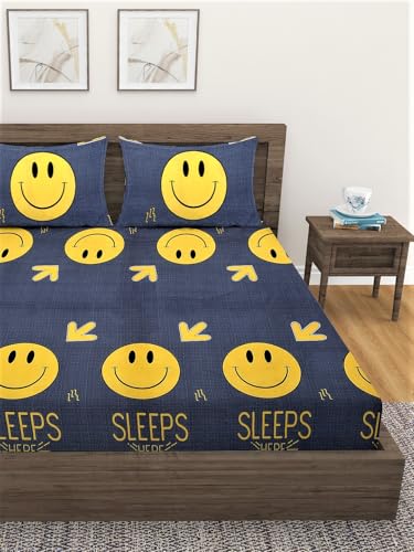 Image of Fashion String Microfibre Yellow Smiley Corner Elastic Fitted Double Bedsheet (72x78 Inches) with 2 Pillow Covers