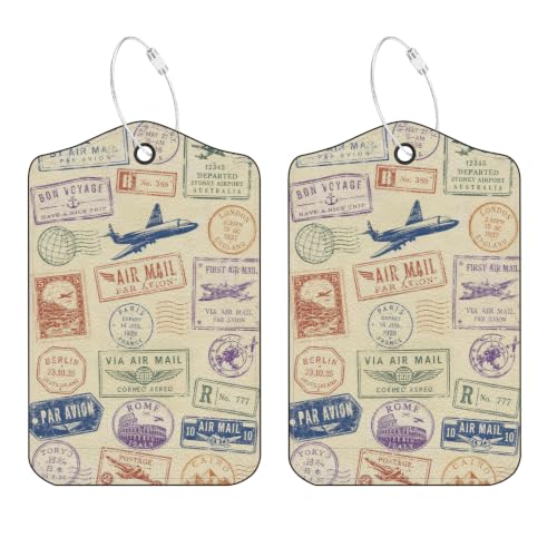 Image of Vintage Travel Stamps Luggage Tags 2 Pack, PU Leather
