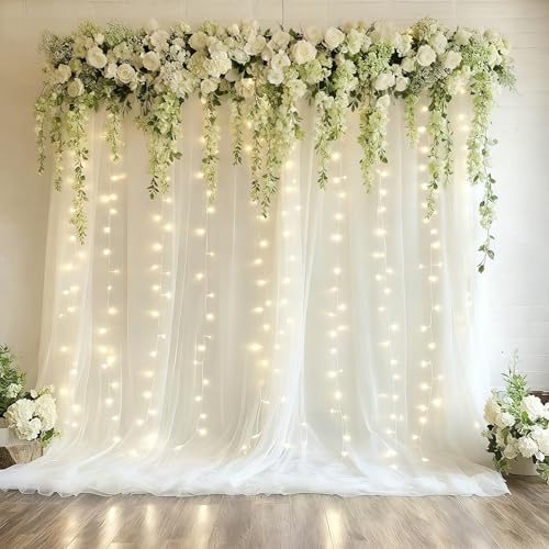 10x10ft Ivory Tulle Backdrop Curtain with Lights String for Parites,