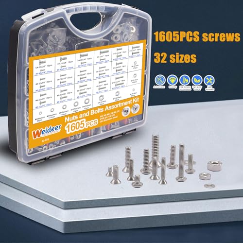 weideer 1605PCS Nuts and Bolts Assortment Kit, Stainless Steel Machine Screws,Phillips Pan Head and Flat Head Screws, Assorted with Nuts, Bolts,Washers,Portable Hand Box #4-40#6-32#8-32#10-24#1/4-20 - Image 8