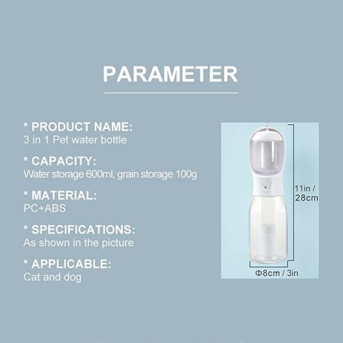 Miniatura 6 de Botella de agua para mascotas de 21 onzas, botella de agua portátil 3 en 1 para perro, dispensador multifuncional para perros, gatos, conejos,