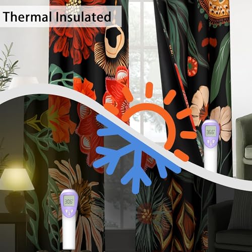 Image of Tyrot Black Floral Grommet Blackout Curtains, 52W x 84L, 2 Panels
