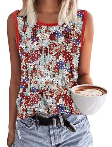 KISSMODA Womens Flora Print Tank Tops Ribbed Summer Shirt Sleeveless Summer Casual Women Blouses(S-3XL)