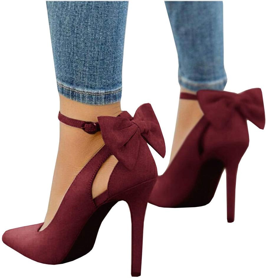 Women's Pointed Toe High Heels Ankle Strap D'Orsay Pumps Shoes Bow Wedding Bowtie Back Dress Sandals