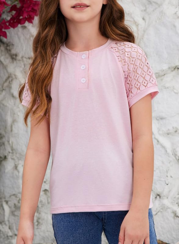 Image of DOKOTOO KIDS Girls Fashion Lace Short Sleeve Shirts Casual Button Crewneck Blouses Tops 6-15 Years