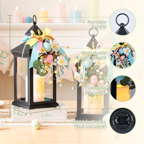 Image of Easter Lanterns Decorative Indoor & Outdoor, 14 Inch Black Candle Lanterns with Timer Waterproof, Hanging Spring and Easter Lantern Decor for Home, Table, Porch, Patio, 2 Pack