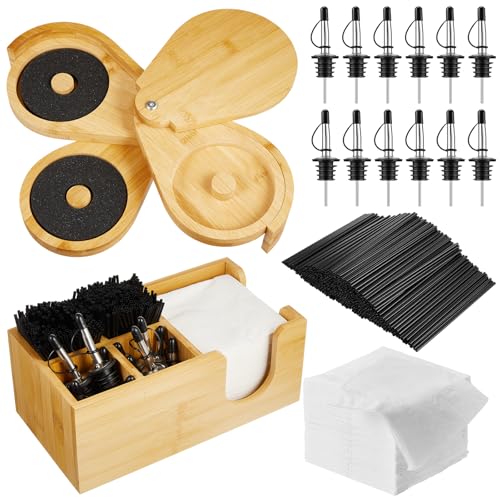 Mifoci Bamboo 3 Tier Bar Glass Rimmer Bartender Tool with 12 Pcs Stainless Steel Classic Bottle Pourers, Bar Caddy with 6 Compartment, 1000 Pcs Coffee Cocktail Stirrers, 200 Napkins