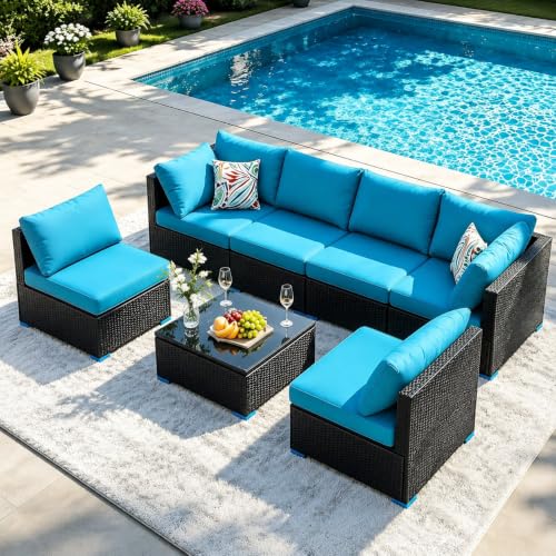 Image of 7 Piece Outdoor Sectional Outdoor Patio Furniture Set, Outdoor Patio Furniture Set with Coffee Table, Sectional Couch Sofa with Cushions, Wicker Outdoor Conversation Set for Backyard & Garden, Blue