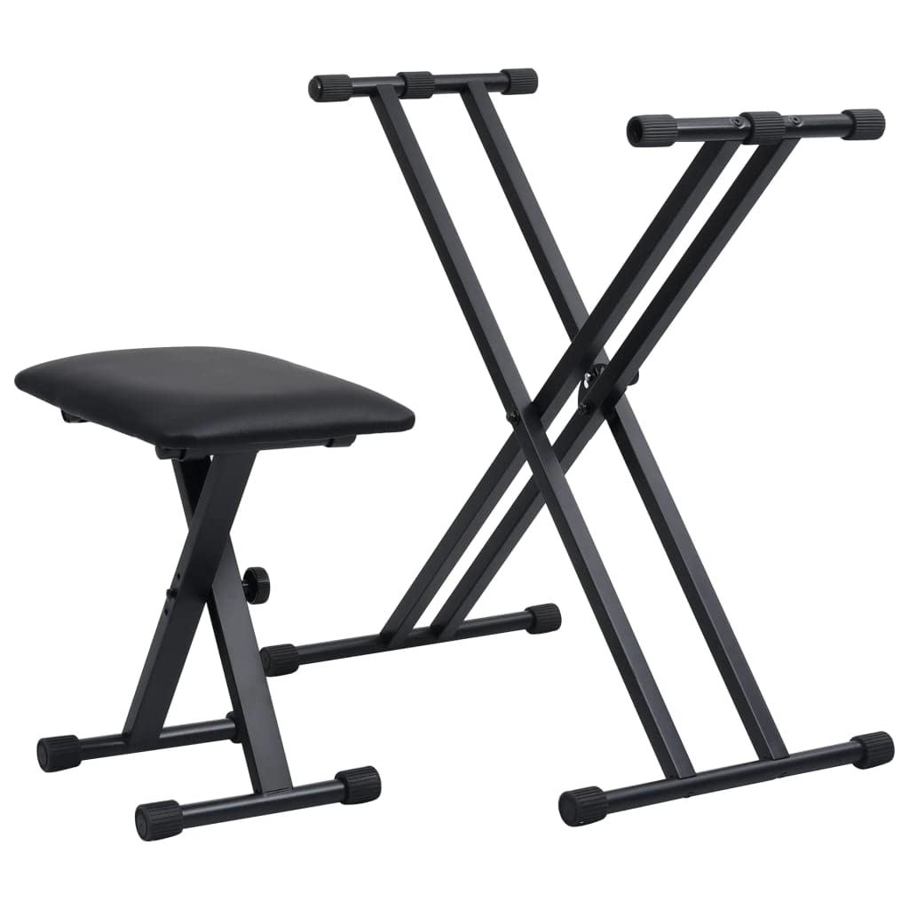 vidaXL Set de Soporte para Teclado con Doble Refuerzo y Taburete Ajustable Plegable Músico Electronico Piano Banda Equipos de Actuación Práctica Negro