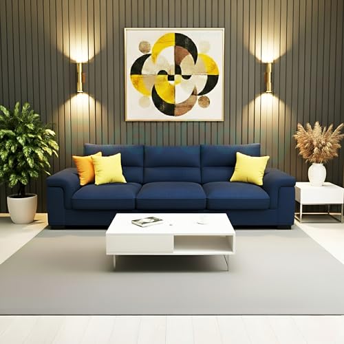Image of Italino 3 Seater Luxurious Fabric Sofa Set (Blue) | 3 Person Wooden Sofa Couch for Living Room Bedroom Home Hall Furniture