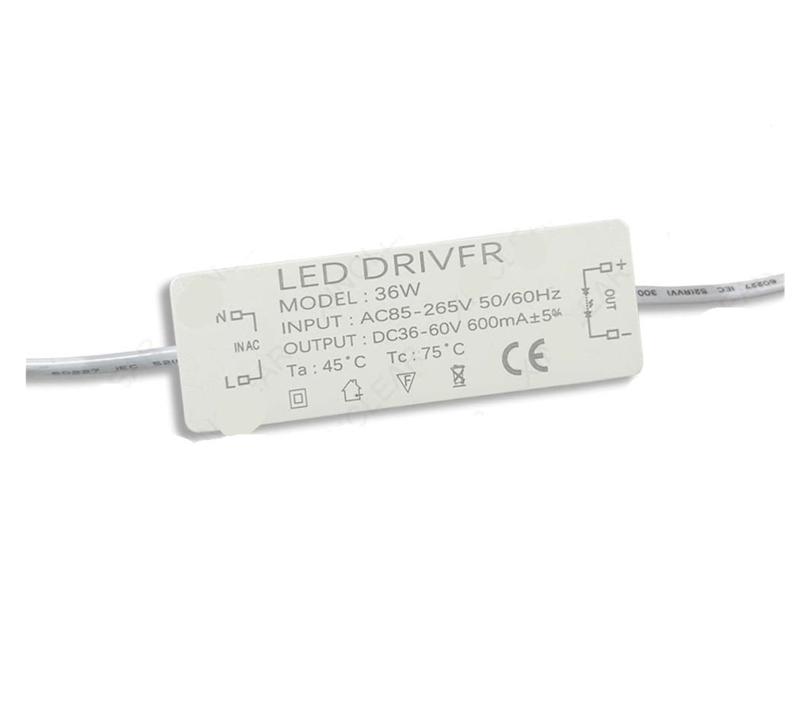 PWANUIGTE LED Driver 300mA 600mA 900mA Power Supply 220V to DC for Lighting 3W 4-7W 8-12W 12-18W 18-25W 25-36W Transformer(36W-600mA-PC)