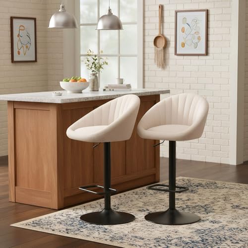 ROCITY Set de 2 Butacos Regulables Giratorios para Barra, Terciopelo Beige | Butacos Modernos de Altura para Isla de Cocina con Espalda y Base de Metal, Sillas Tapizadas miniatura 6