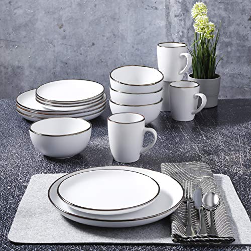 Gibson Home 127318.16R Rockaway Round Stoneware Dinnerware Set, Service For 4 (16Pcs), Matte White/Metallic Rim thumb #1
