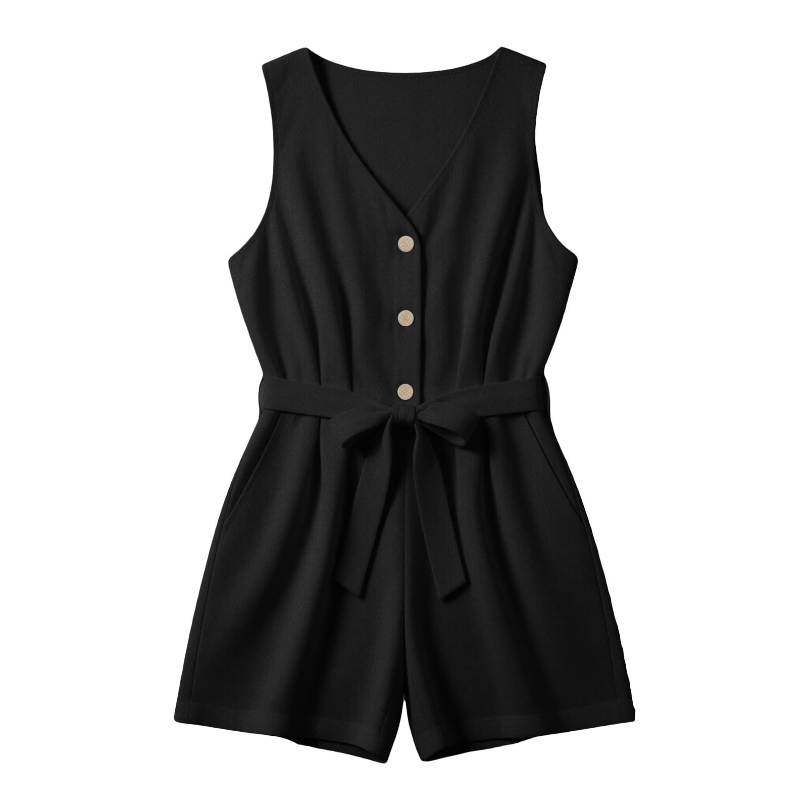 EMATOP Damen Overall Kurz V-Ausschnitt Jumpsuit Sommer Elegant Romper Ärmellos Sexy Latzhose Leicht Baumwolle Shorts Strampler mit Taschen Playsuit Einfarbig Knopfleiste Arbeitsoverall