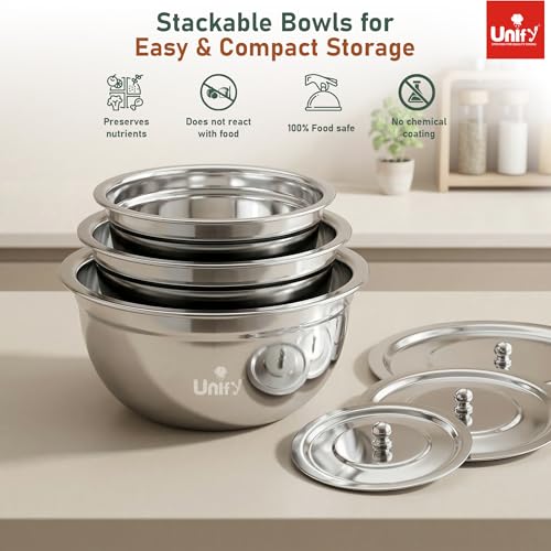 Image of Unify 3 Pieces Stainless Steel Serving Bowl Set with Lid | Steel Serving, Storage & Mixing Bowls | Multipurpose Kitchen Prep Bowl | Mirror Finish Container for Dining & Storage (Lumina Design)