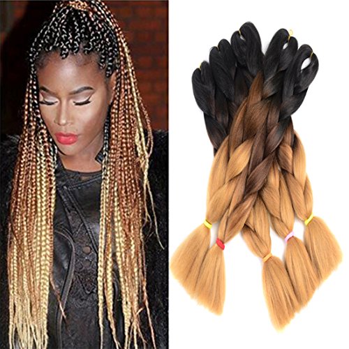 Ombre Jumbo Braid Hair Extensions 24” 5Pcs/Lot 100g/Pc High Temperature Kanekalon Synthetic Fiber for Twist Braiding Hair(Black-dark brown-light brown)