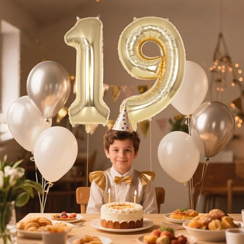 Image of Champagne Gold Large Number 19 Balloon, 40 Inch Light Gold Foil Helium Number Balloons, Giant Mylar Number 19 Balloons for 19 Years Old Birthday Party Anniversary Decorations (Champagne Gold 19)