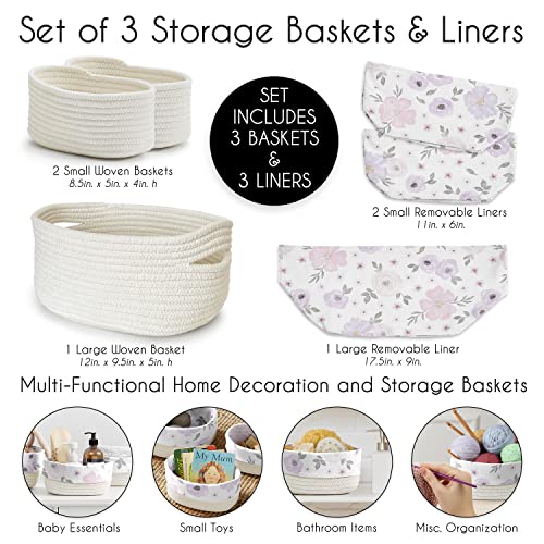 Sweet Jojo Designs Lavender Purple Boho Floral Girl Woven Storage Basket Set 3Pc Cotton Rope Diaper Caddy Bins Baby Nursery Kids Closet Drawer Organizer Liner Pink Bohemian Farmhouse Shabby Watercolor #TOP4
