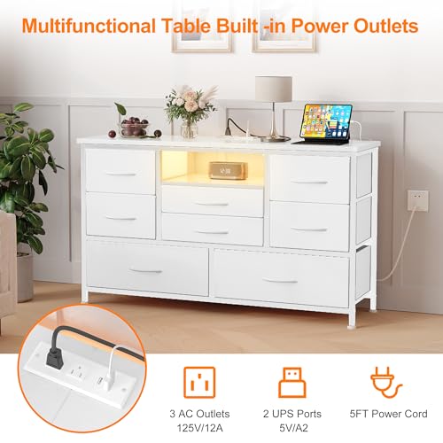 Jojoka 8 Dresser TV Stand with Power Outlet & LED for 55'' TV, Long Dresser for Bedroom with 8 Deep Drawers, Wide Console Table for Storage in Closet, Living Room, Entryway, Wood Top (White)
