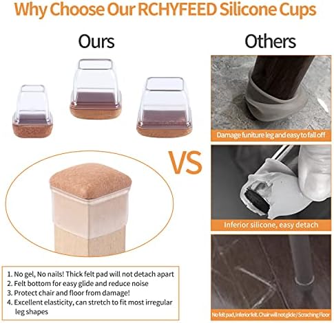 RCHYFEED 24PCS Silicone Chair Leg Floor Protectors 0.55-1.25 inch, Transparent Furniture Leg Caps Cups with Felt Pads for Protecting Hardwood Floors from Scratches, Furniture Sliders Table Leg Cover