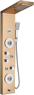 ELLO&ALLO Stainless Steel Shower Panel Tower System,LED Rainfall Waterfall Shower Head 6-Function Faucet Rain Massage System with Body Jets, Brushed Gold