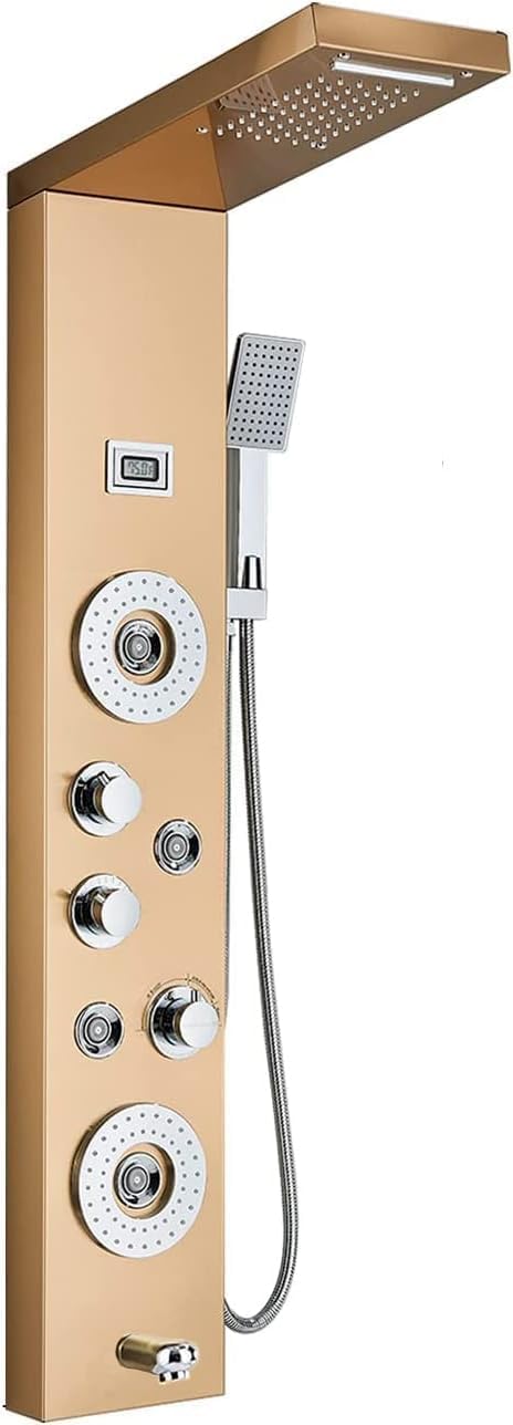 ELLO&ALLO Stainless Steel Shower Panel Tower System,LED Rainfall Waterfall Shower Head 6-Function Faucet Rain Massage System with Body Jets, Brushed Gold