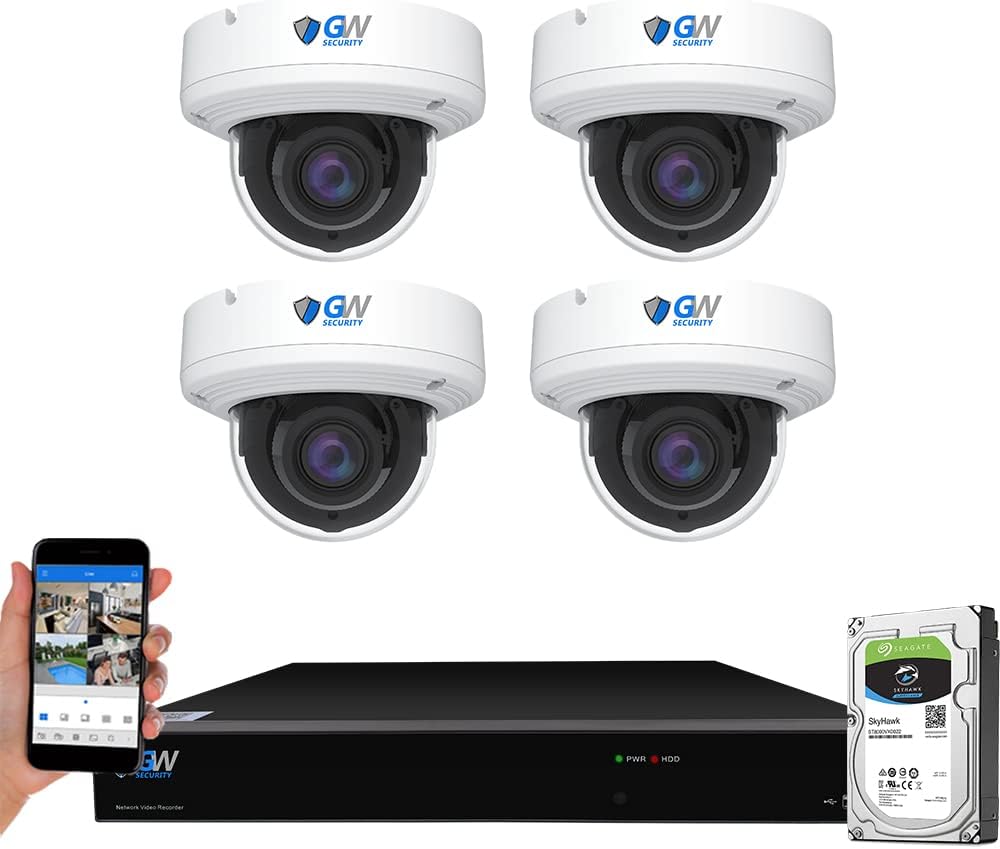 GW Security 8 Channel NVR 4K 8MP PoE 2.8-12mm Varifocal Zoom Security Camera System with 4 x 4K 8MP IP Microphone Waterproof Smart AI Dome Camera, Face Recognition/Human/Vehicle Detection