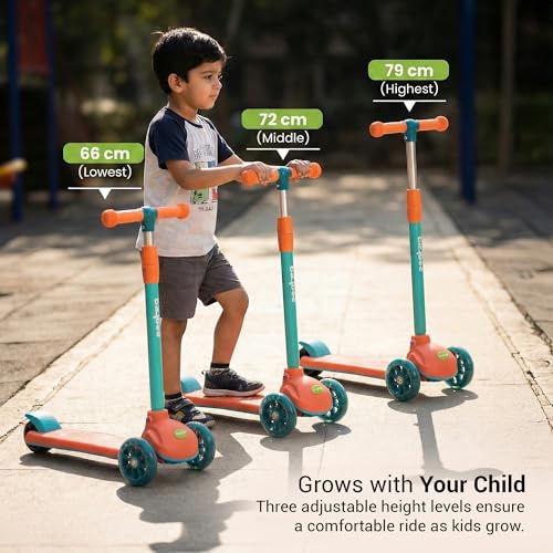 Image of Baybee Rydon Kids Scooter with 3 Height Adjustments | Portable Kick Scooter with PU LED Lights & Rear Brake | 3 Wheel Skating Scooter | Runner Scooter for Kids 2 to 10 Years Boys Girls (Orange)