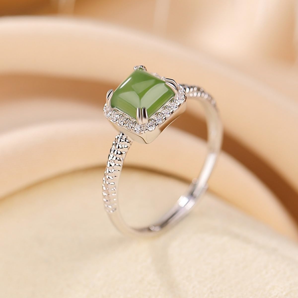 S925 Sterling Silver Jade Rings for Women, Square Hetian Jade with Moissanite Ring, A Christmas Gift for Sister