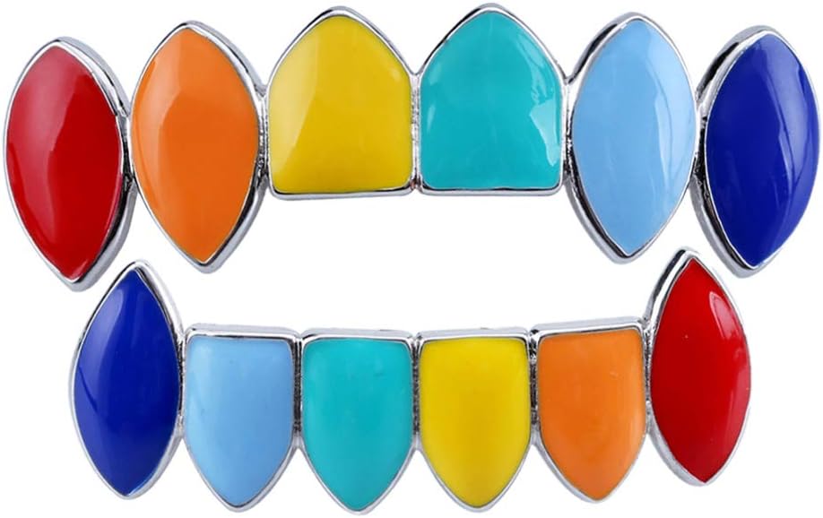ArtibetterArtibetter Rainbow Hip Hop Teeth Mouth Tooth Cap Jewelry Mouth Fangs Top Bottom Tooth Party Decoration for Men Kids (Silver)