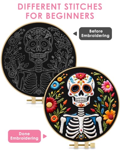 Image of TINDTOP Embroidery Kit for Adult Beginners, Embroidery DIY Starter Kit, with Stamped Patterns, Hoop, Tools, Colorful Threads with Needles, Instructions (Skeleton C)