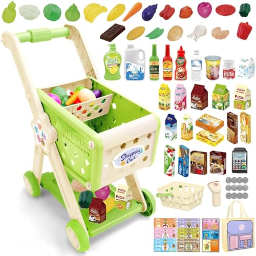 deAO Carro Compra Juguetes para Niños, Juego De Carrito De Compras con Comida De Juguete, Frutas, Accesorios De Tienda, Caja Registradora, Carrito De Supermercado, Juguetes De Tienda para Niños Niñas