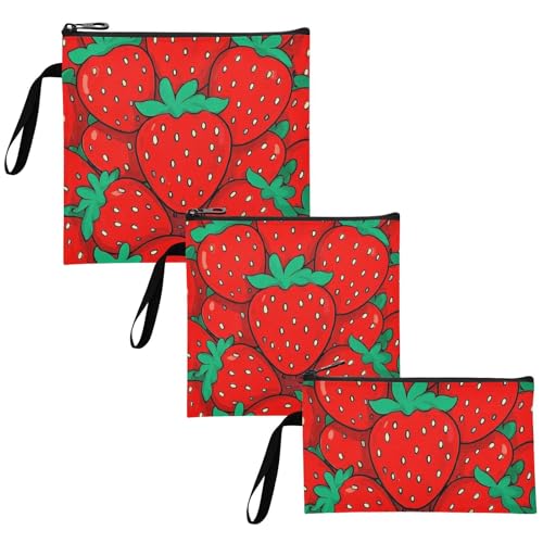 Cute Cartoon Fruit Strawberries 3-Pack Reusable Snack Bags Portable Emergency Food Bag for Kids Students Adults Food