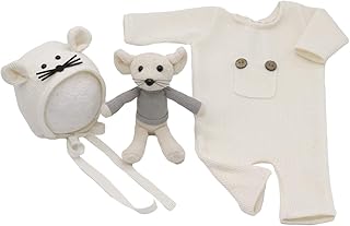 3PCS Baby Photo Prop Set, Newborn Photography Prop, Soft Knitted Romper Hat Rat Doll Set Baby Boy Girl Photo Outfits White