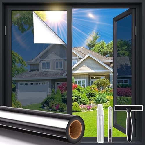 Coavas Window Privacy Film One Way, Window Tint for Home, Daytime Reflective Mirror Glass Windows Coverings Heat UV Blocking See Out Not in, Black, 17.5 x 78.7 Inch