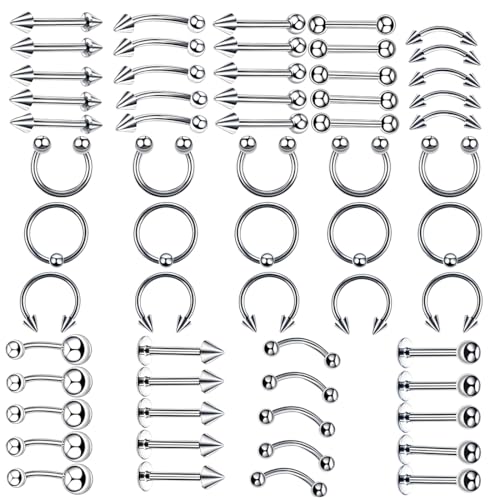 LuLiyLdJ 60 pièces de perforations, 10 styles d'acier inoxydable 316L, pour le corps, la langue, le nez, les oreilles, les, les lèvres