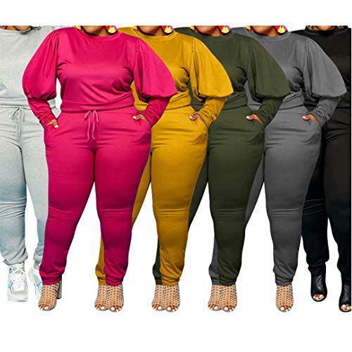 Women’s Plus Size Solid Two Piece Outfit Long Sleeve Crewneck Pullover Tops And Long Pants Sweatsuits Tracksuits Army Green 3X #TOP4