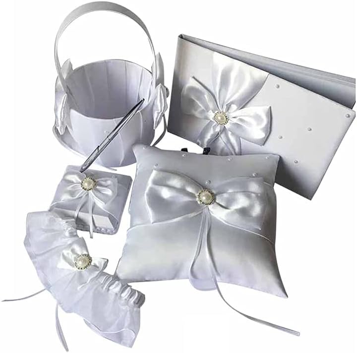 1 Set Satin Wedding Ring Bearer Pillow Flower Basket Guest Book Pen Holder Garter Communion Baptism Wedding Decoration