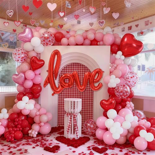 Image of Valentines Day Balloon Arch Kit 114Pcs Red Pink White Balloon Garland Kit with Love Heart Foil Balloons Galentines Party Balloons Decorations for Marriage Proposal Engagement Wedding Mothers
