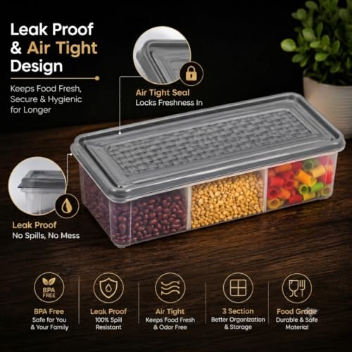 Image of MAGIC SPOON Multipurpose 3 Section Storage Container | Spice Box, Pickle Jar, Fridge Organizer, Dry Fruit, Vegetable & Kitchen Storage Container- Combo Pack (2000ml X 2) (BROWN-GREY)
