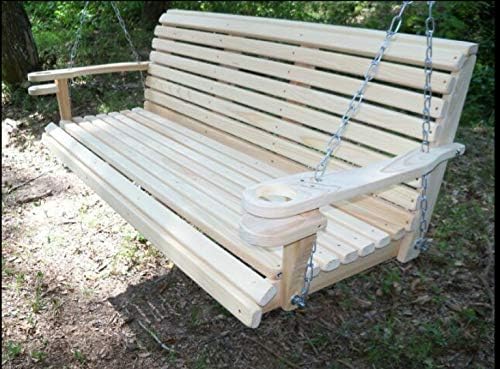 Ecommersify Inc 5 Ft USA Made Cypress Roll Back Porch Swing with Swing-Mate™ Comfort Springs and Cup Holder Arm and Stainless Steel Hardware Upgrade