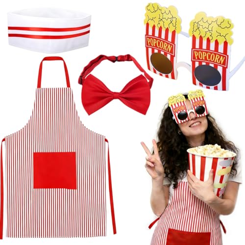 QIMMU 4 peças disfarce de empregado de mesa dos anos 50, conjunto de fantasia de soda Jerk, aventais às riscas e brancas vermelhas, boné de chef, laço ajustável, óculos de sol Popcorn, para carnaval