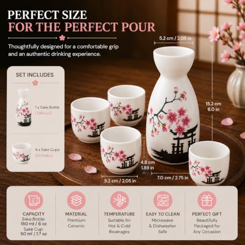 Image of Melbify Japanese Sake Flower Blossom Design Set | 1 Pc Sake Bottle(180 ml) & 4 Pc Sake Cup(45 ml) | Traditional Craftsmen's Hand Painted Design | Sake Serving Set | House Warming Gift | Anniversary