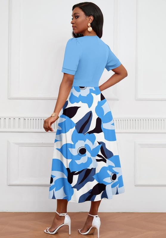Image of MarryUP Women's Midi Dresses - V Neck Cocktail & Church Tea Dresses - Short Sleeve A-Line Swing Dress