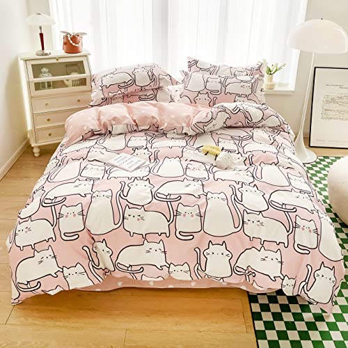 Meju Pink Cat Kitty Cute Adorable 100% Cotton Duvet Cover Set Blanket 60" X 80" Throw Cover With Zipper Closure For Kids Boys Girls Twin Bed Decoration Gift (Pink Cats, Twin 59" X 78") #TOP2