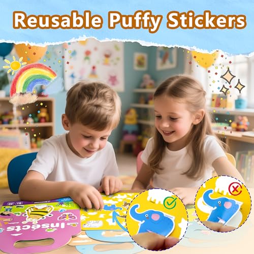Image of Reusable Sticker Books for Toddlers 1-3, Puffy Stickers Book for Kids Ages 2-4, Toddler Travel Essential Activities Toys for Boys Girls Birthday Christmas - Animal, Ocean and Insect (3 Set)