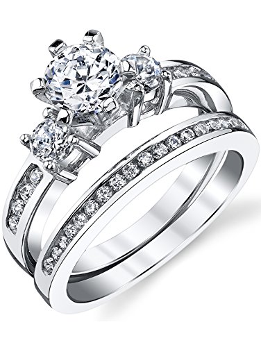 Sterling Silver Cubic Zirconia 1.15 Carat TW Round Cut Wedding Engagement Ring 2 Piece Set Band