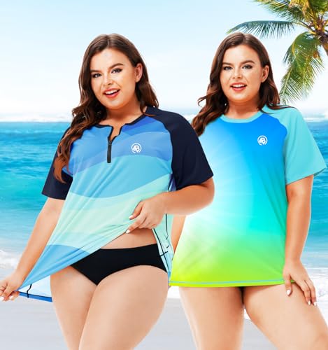 Image of AOBUTE Women Plus Size Rash Guard Zipper Short Sleeve SPF Swim Shirts