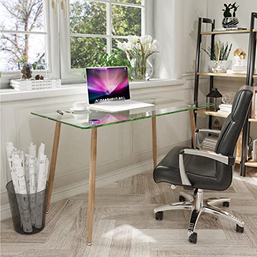 Tangkula Glass Dining Table, Modern Rectangular Table With Spacious Tempered Glass Tabletop & Wood Grain Steel Legs, Simplistic Kitchen Table, 51 X 27.5 X 29.5 Inch, Versatile Table For Home Office #TOP1