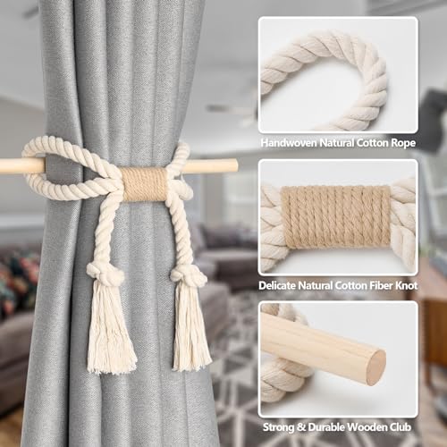 Pretty Jolly 2 Pack Natural Cotton Rope Curtain Tiebacks Boho Rustic Style Decorative Drape Tie Backs Farmhouse Hand-Woven Curtain Holdbacks with Wood Club for Home Office Drapery (Cotton knot-Beige) - Image 3